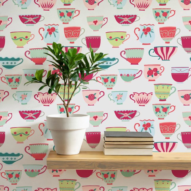 Retro Teacups Wallpaper (Retro teacup pattern art wallpaper)