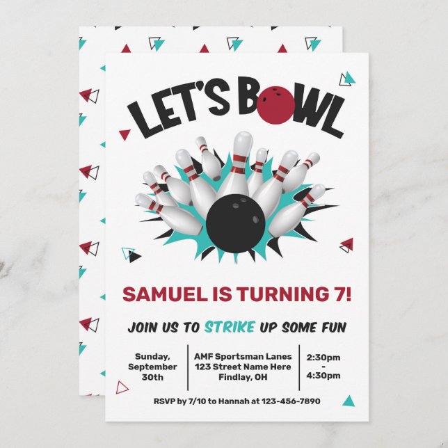 Retro Teal and Red Bowling Birthday Party Invitation (Front/Back)