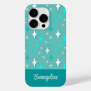 Retro Teal and White Star Pattern Editable Case-Mate iPhone 14 Pro Case