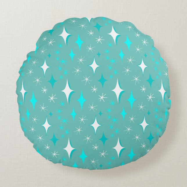 Retro Teal and White Star Pattern Round Pillow (Front)