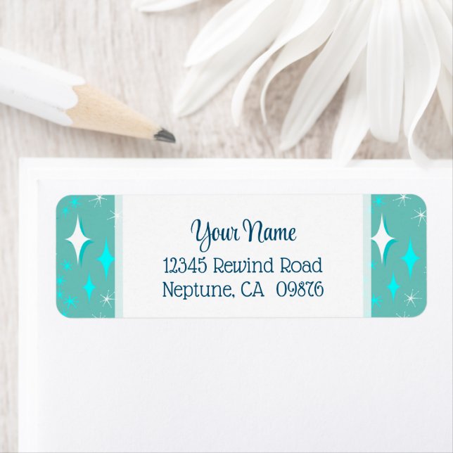 Retro Teal and White Stars Editable Return Address Label (Insitu)
