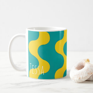 Retro Teal and Yellow Abstract Wavy Line Art Coffee Mug