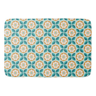 Retro Teal Aqua Orange Floral Geometric Pattern Bath Mat