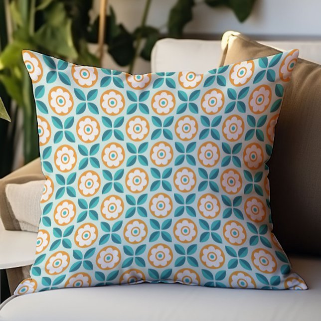 Retro Teal Aqua Orange Floral Geometric Pattern Cushion (Creator Uploaded)