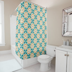Retro Teal Aqua Orange Floral Geometric Pattern Shower Curtain