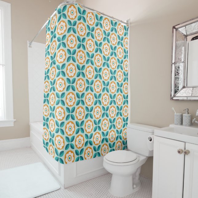 Retro Teal Aqua Orange Floral Geometric Pattern Shower Curtain (In Situ)