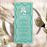 Retro teal blue curve squiggle wavy wedding menu<br><div class="desc">A cool bold wedding menu with custom names with a hand written calligraphy and serif font,  2 names ,  two styles with Retro boho teal blue curve squiggle wavy wedding. All the text,  names and background colours are customisable for you to mix and match your wedding suite.</div>