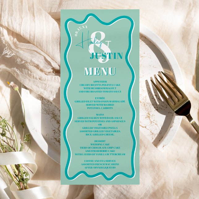Retro teal blue curve squiggle wavy wedding menu (Creator Uploaded)