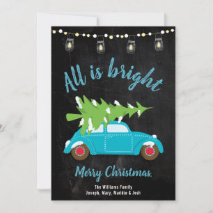 Retro Teal Car Tree & Lights All is Bright Holiday Card