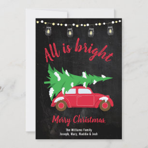 Retro Teal Car Tree & Lights All is Bright Holiday Card
