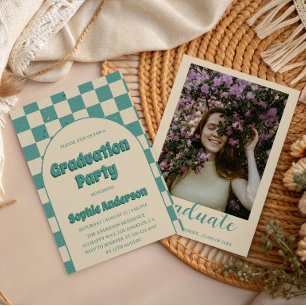 Retro Teal Checkerboard Arch Graduation Party    Invitation