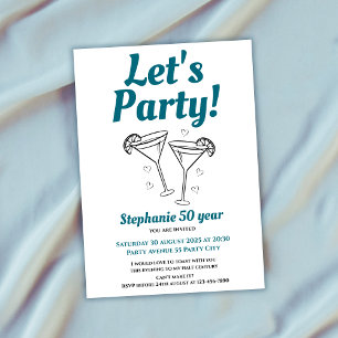 Retro Teal Cocktail Woman's 50th Birthday Party Invitation