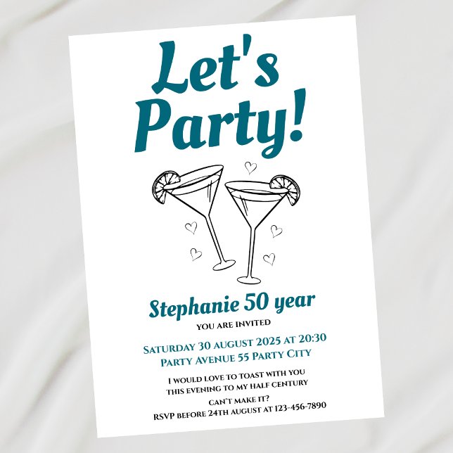 Retro Teal Cocktail Woman's 50th Birthday Party Invitation (Creator Uploaded)