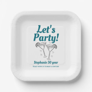 Retro Teal Cocktail Woman's 50th Birthday Party Paper Plate