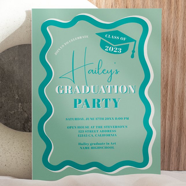 Retro teal curve squiggle wavy graduation invitation (Creator Uploaded)