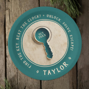 Retro Teal Escape Room Key Solve Treasure Hunt Paper Plate