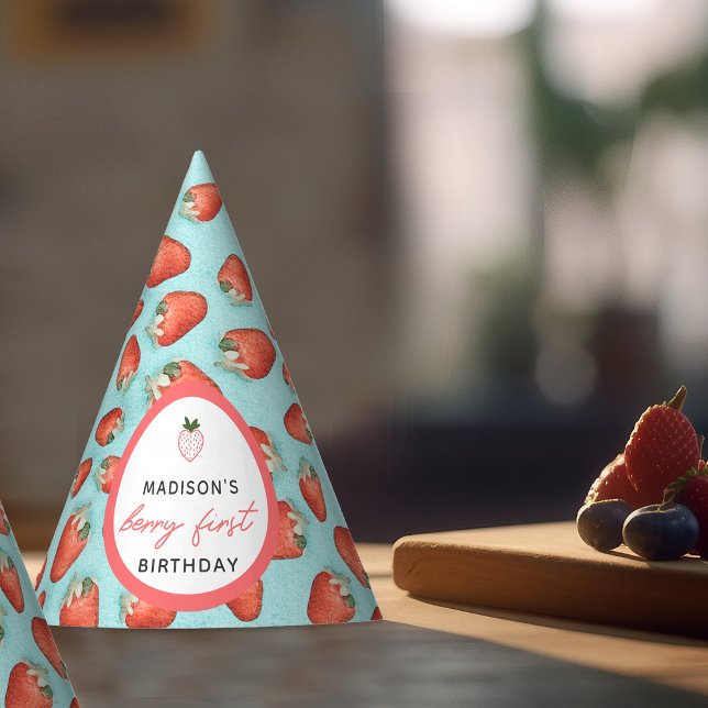Retro Teal Floral Strawberry Berry First Birthday Party Hat (Creator Uploaded)