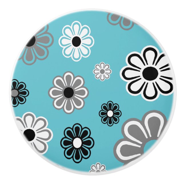 Retro Teal Flower Power ceramic knob (Front)