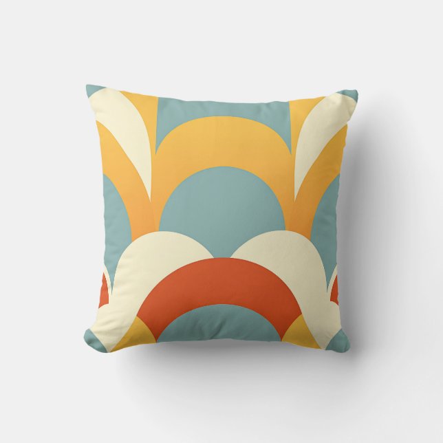Retro Teal Mustard Scallop Pattern Cushion (Front)