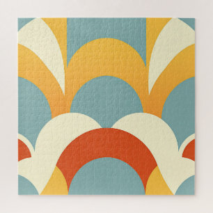 Retro Teal Mustard Scallop Pattern Jigsaw Puzzle