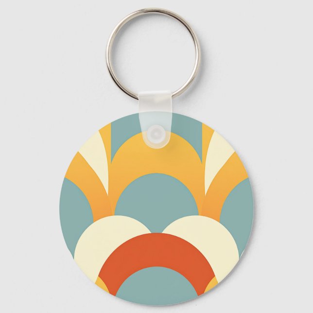 Retro Teal Mustard Scallop Pattern Key Ring (Front)