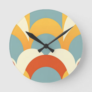 Retro Teal Mustard Scallop Pattern Round Clock