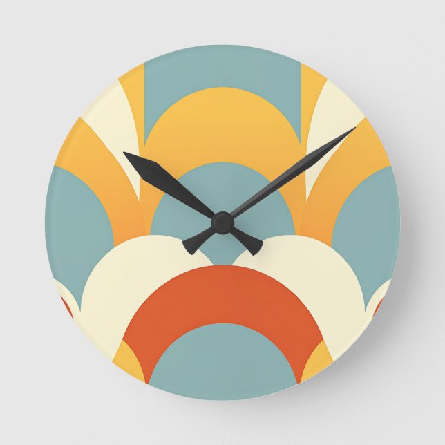 Retro Teal Mustard Scallop Pattern Round Clock (Front)
