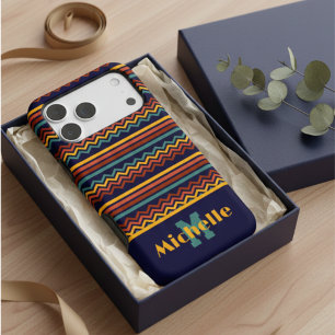 Retro Teal Navy & Gold Boho Pattern Custom Name