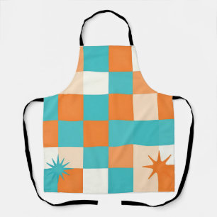 Retro Teal Orange Starburst Checkerboard Apron