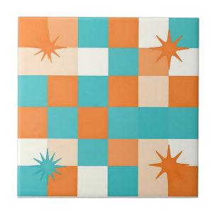 Retro Teal Orange Starburst Checkerboard Ceramic Tile