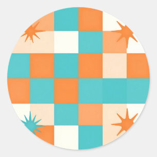 Retro Teal Orange Starburst Checkerboard Classic Round Sticker