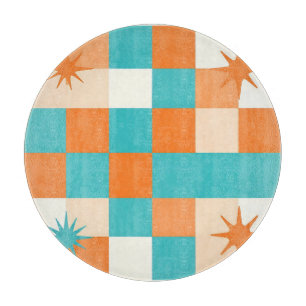 Retro Teal Orange Starburst Checkerboard Cutting Board