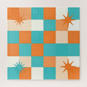 Retro Teal Orange Starburst Checkerboard Jigsaw Puzzle