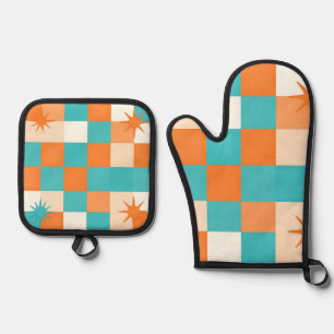 Retro Teal Orange Starburst Checkerboard Oven Mitt & Pot Holder Set