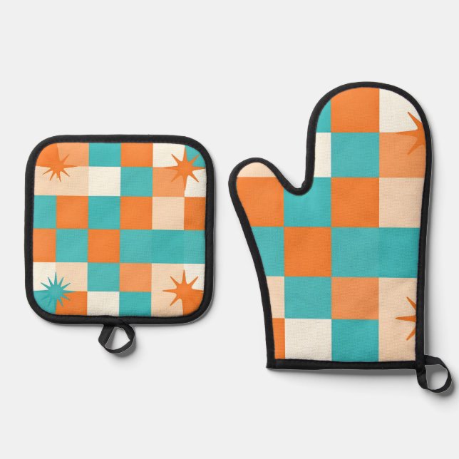 Retro Teal Orange Starburst Checkerboard Oven Mitt & Pot Holder Set (Front)