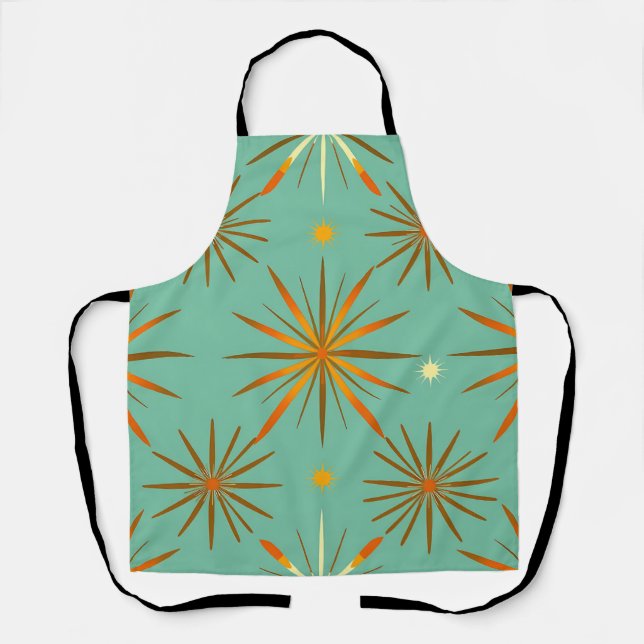 Retro Teal Orange Starburst Pattern Apron (Front)
