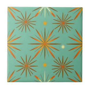 Retro Teal Orange Starburst Pattern Ceramic Tile