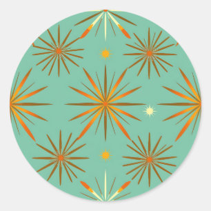 Retro Teal Orange Starburst Pattern Classic Round Sticker
