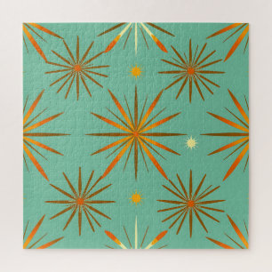 Retro Teal Orange Starburst Pattern Jigsaw Puzzle