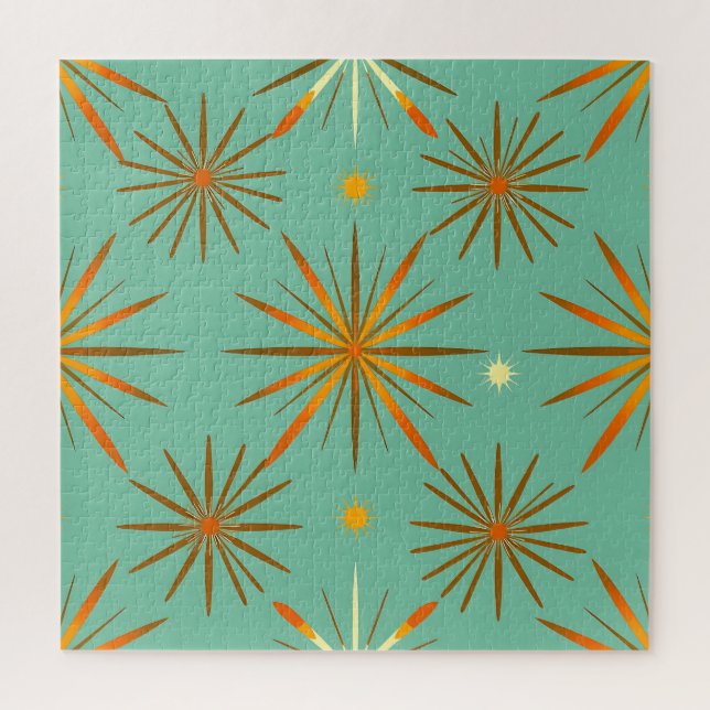 Retro Teal Orange Starburst Pattern Jigsaw Puzzle (Vertical)