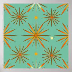 Retro Teal Orange Starburst Pattern Poster