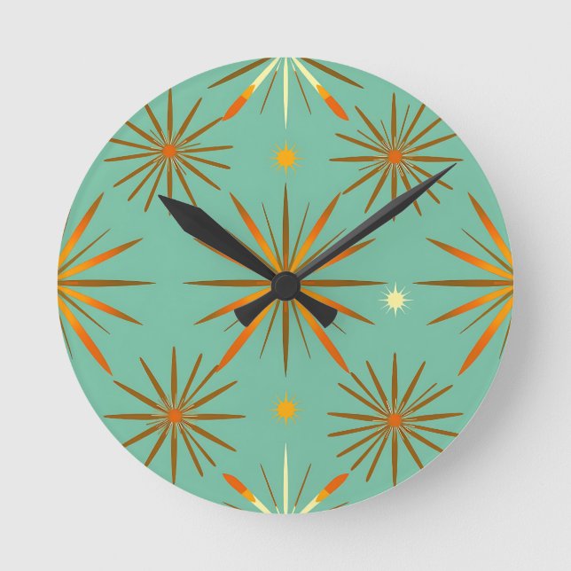 Retro Teal Orange Starburst Pattern Round Clock (Front)