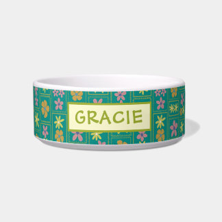 Retro Teal Patchwork Floral Custom Medium Dog Bowl