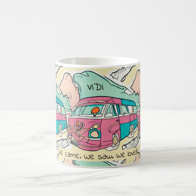 Retro Teal Pink Camper Van "Veni, Vidi, Amavi."  Coffee Mug (Center)