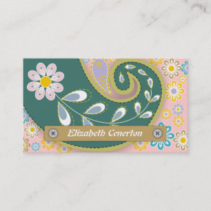 Retro teal, pink paisley motif business card