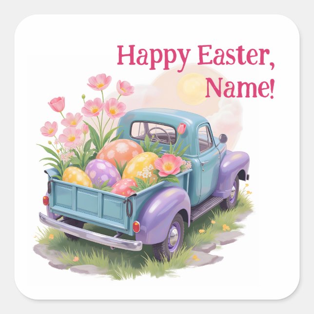 Retro Teal & Purple Truck with Easter Eggs Square Sticker (Front)
