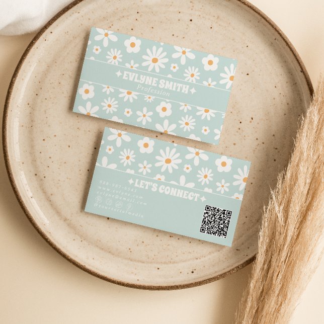Retro Teal QR Code 70S Groovy Floral Boho Unique Business Card (Creator Uploaded)