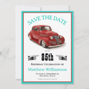 Retro Teal & Red 1939 Coupe 85th Birthday Save The Date