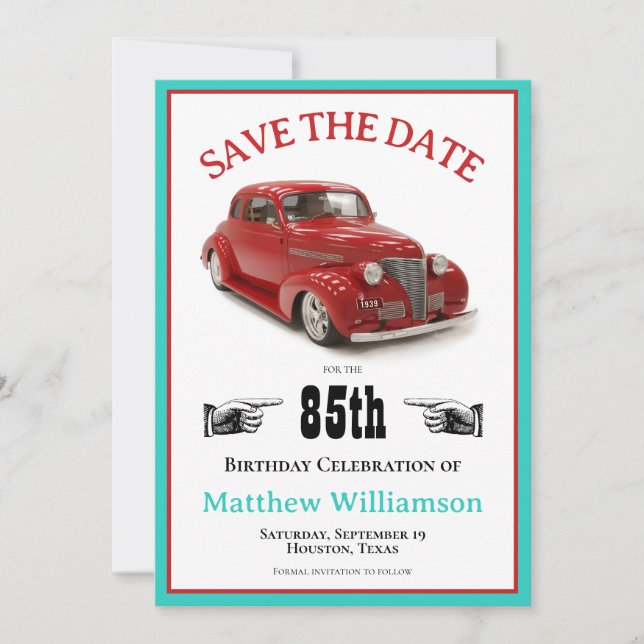 Retro Teal & Red 1939 Coupe 85th Birthday Save The Date (Front)