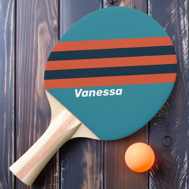 Retro Teal Splash Stripes with Name Ping Pong Paddle (Creator Uploaded)